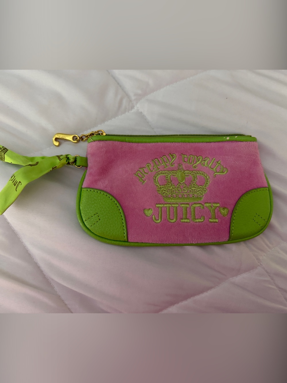 Juicy Couture Pink & Lime Green Suede Wristlet with Gold Hardware